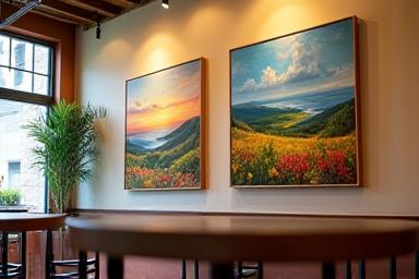 Display of vibrant landscape art by a local artist in a cafe setting